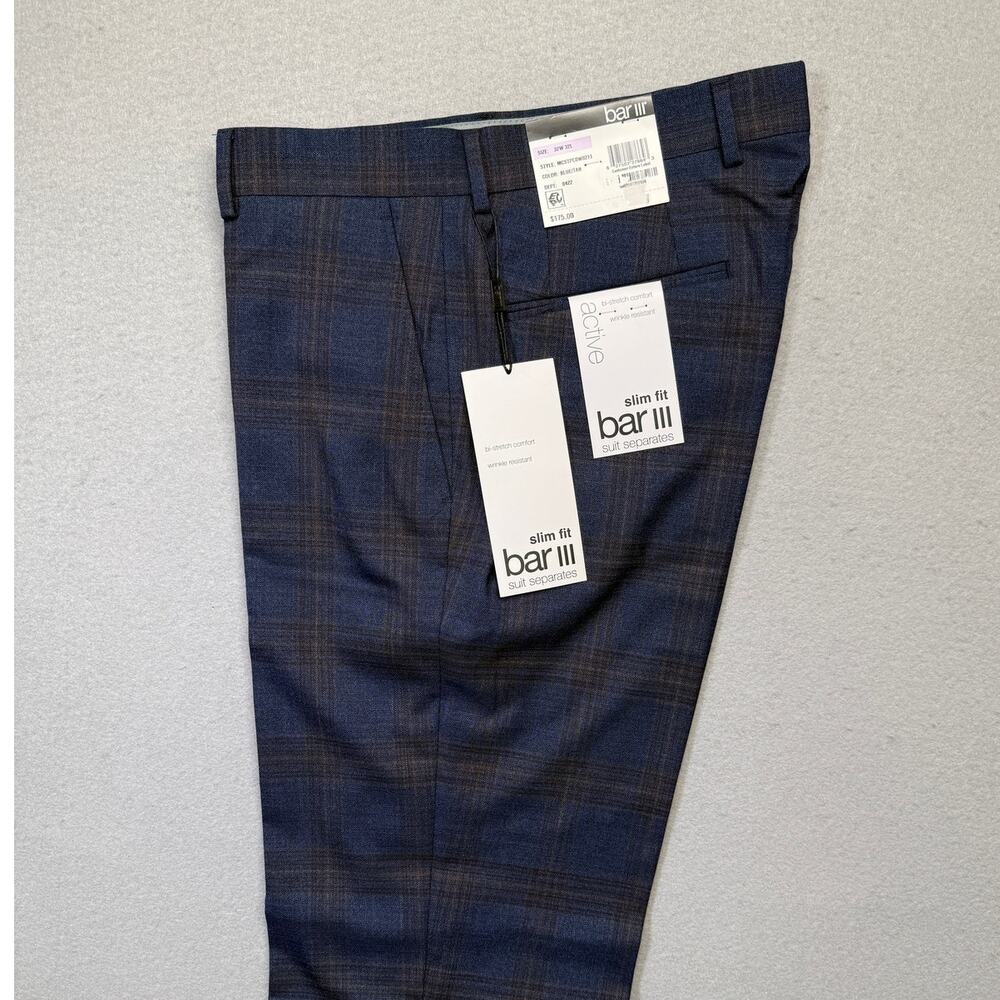 Bar III Men's Slim-Fit Wool Blend Stretch Dress Pants Navy Plaid 32x32 $175